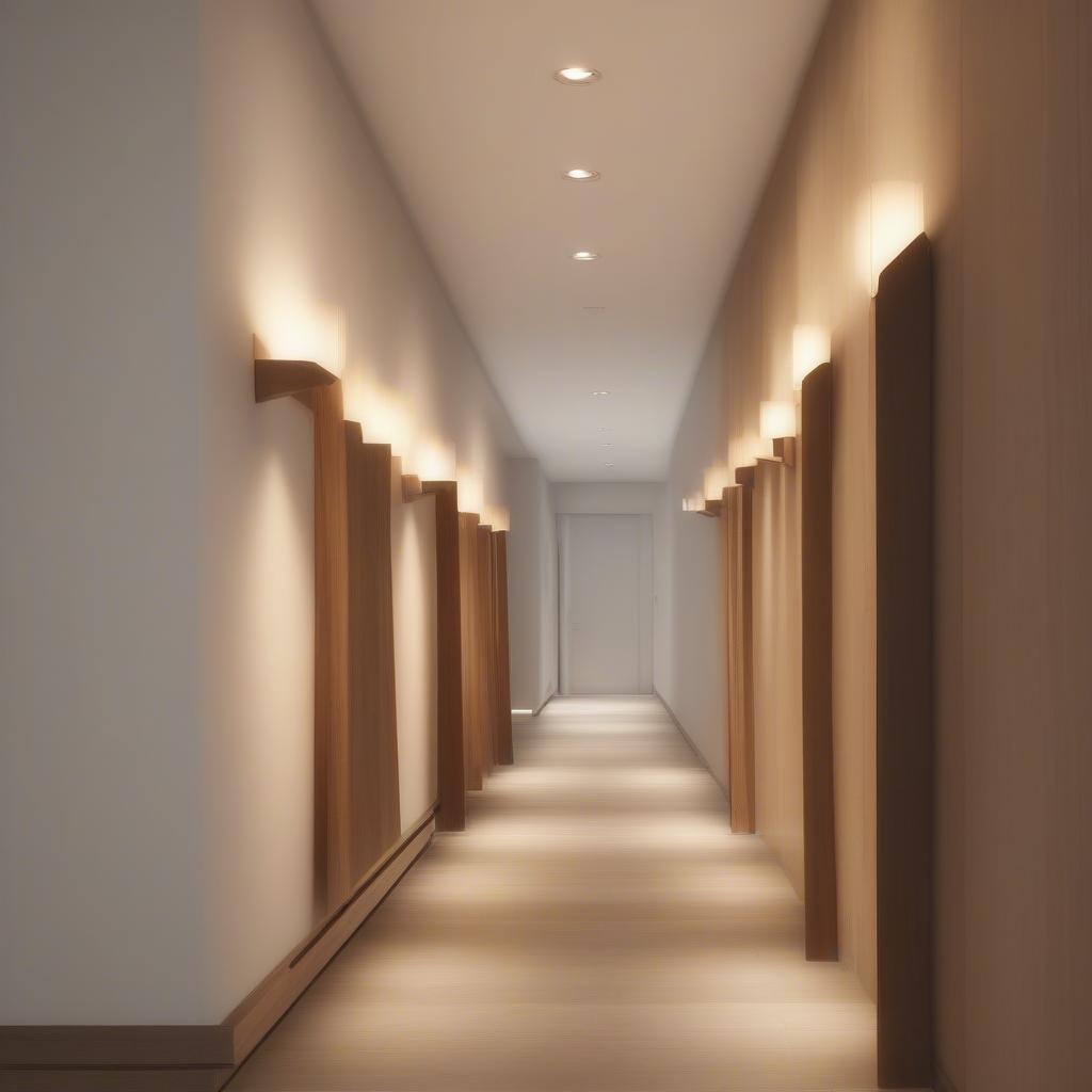 Modern wooden sconces illuminate a hallway with style.