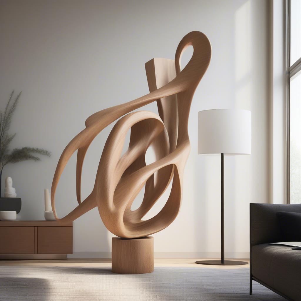 Modern Wooden Sculpture in a Minimalist Living Room