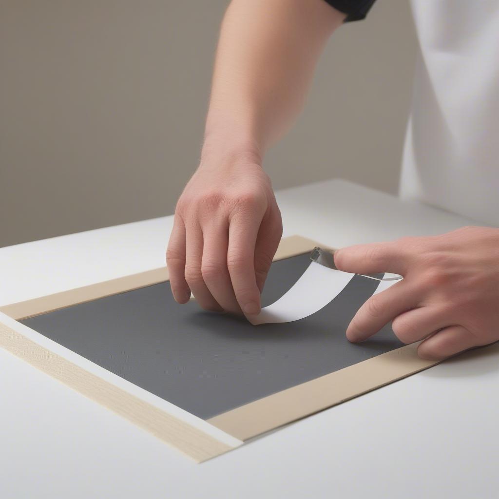 Step-by-step process of mounting a photograph in a 20x20 picture frame, including matting and securing the artwork.