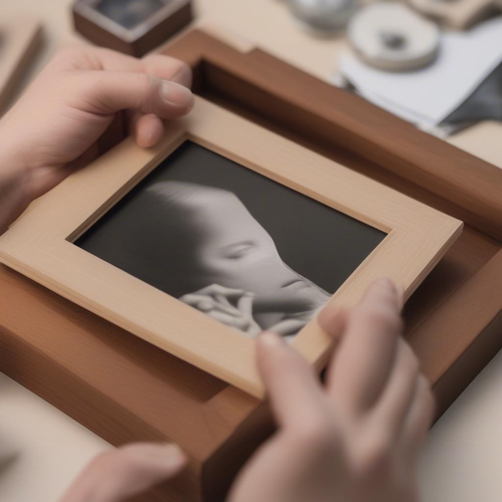 Close-up of hands mounting a photo into a small wood picture frame