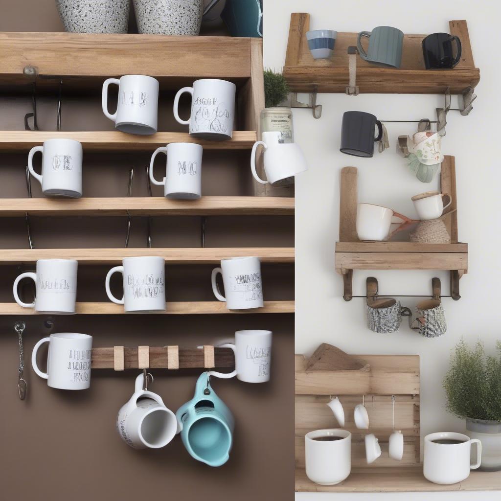 Various mug storage ideas using hooks in different kitchen settings