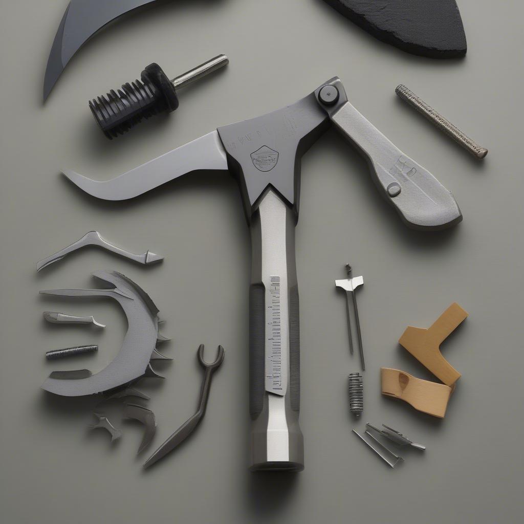 Close up view of a multi axe tool showcasing its different components like the axe head, saw blade, and other attachments.