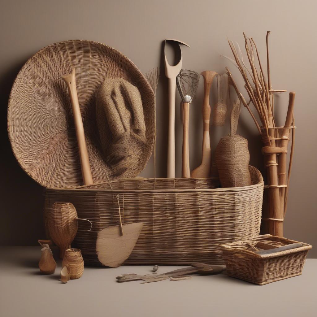 A multi axe tool placed next to some wicker baskets and rattan materials.