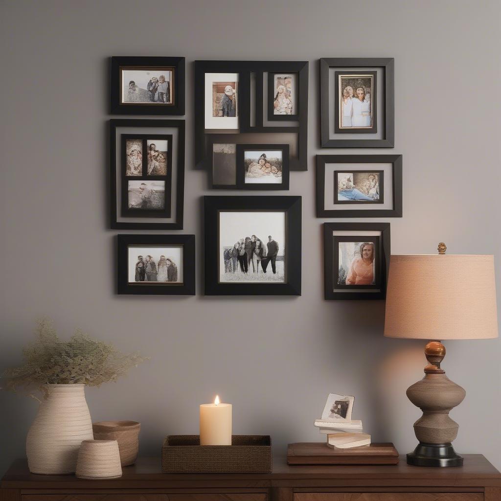 Multi-opening photo frame collage showcasing family photos in a living room