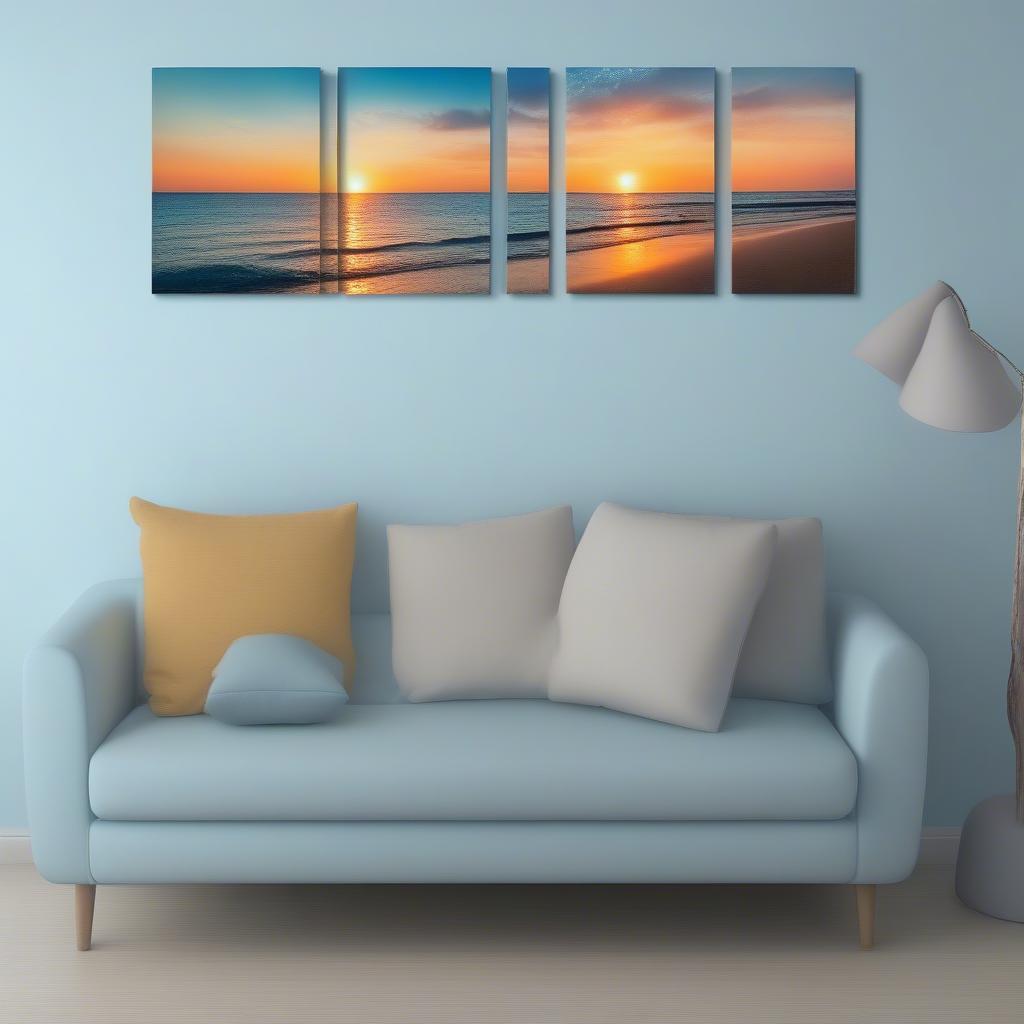 Multi-panel canvas photo displaying a serene beach scene