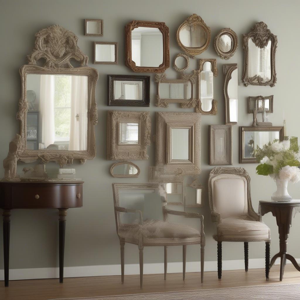 Multiple narrow wall mirrors creating a gallery wall.