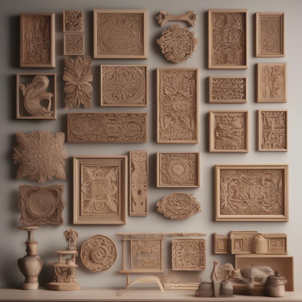 A gallery wall featuring multiple square wood wall art pieces of different sizes and designs.