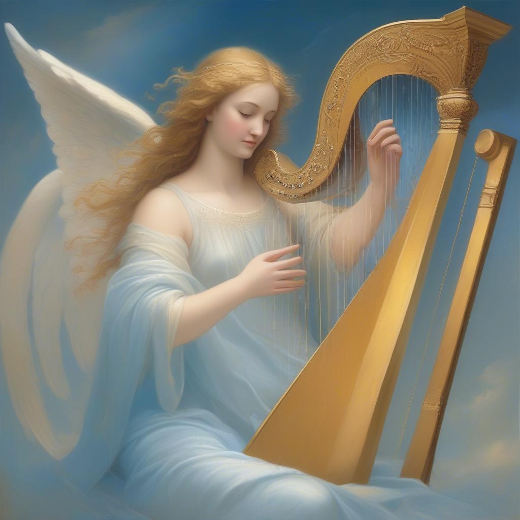 A musical angel playing a golden harp