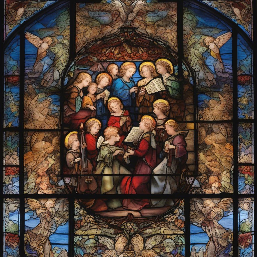 Stained glass window depicting musical angels