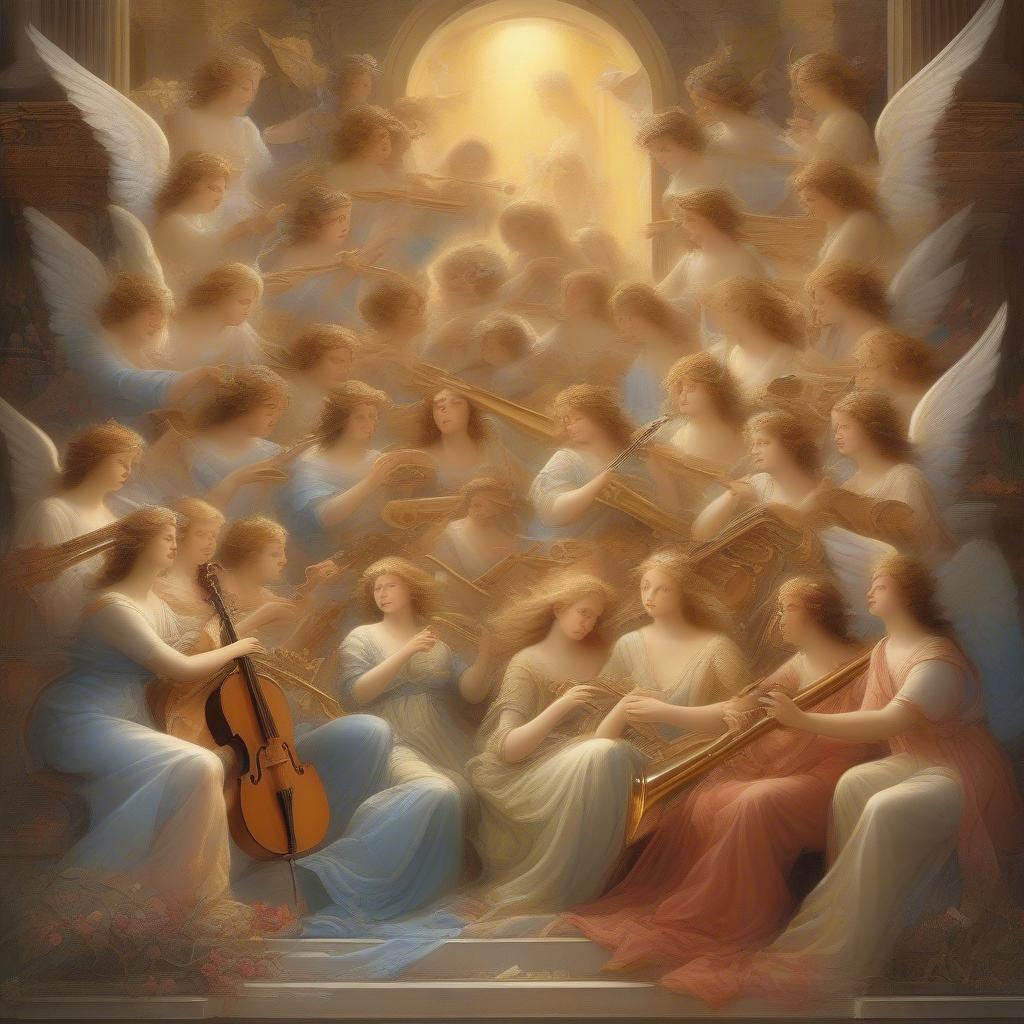 Musical angels playing various instruments in a heavenly choir