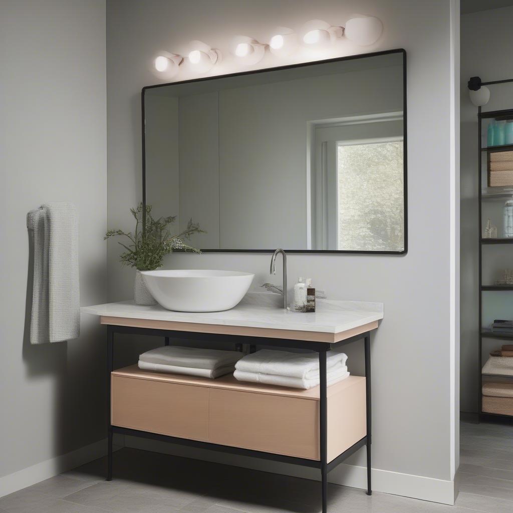 A narrow wall mirror in a bathroom, adding light and style.