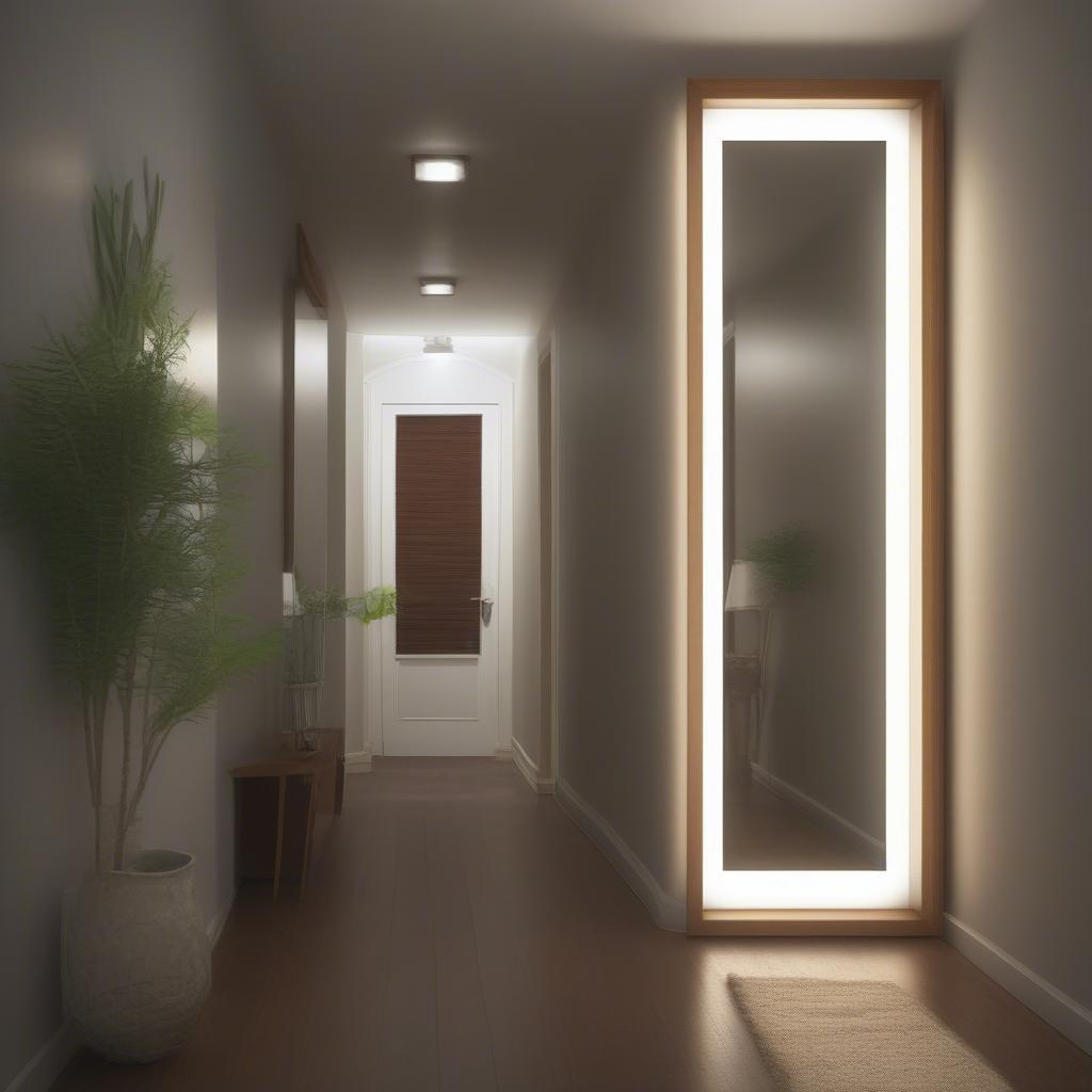 Narrow wall mirror in a hallway, reflecting light and creating an illusion of space.