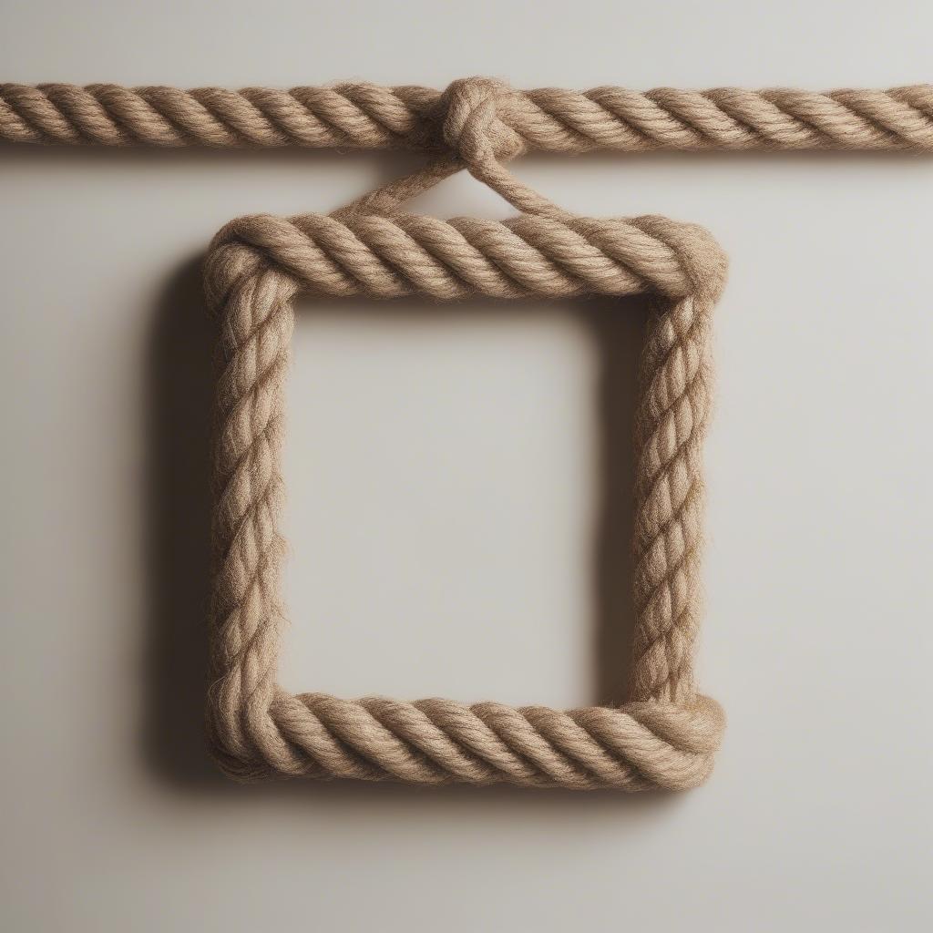 Natural fiber rope used for hanging a picture frame on a wall.