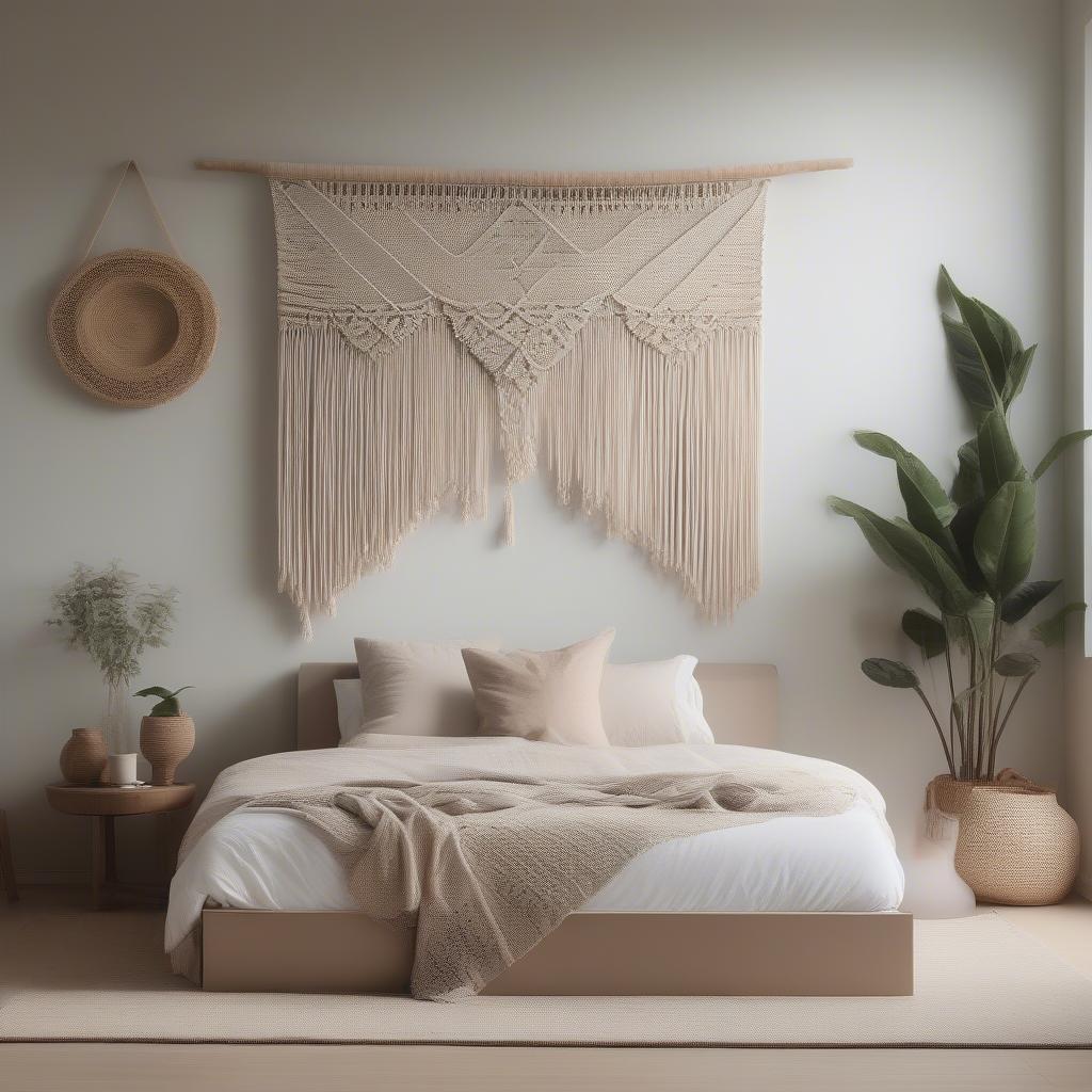 Natural fiber wall decor creates a calming atmosphere in a bedroom.