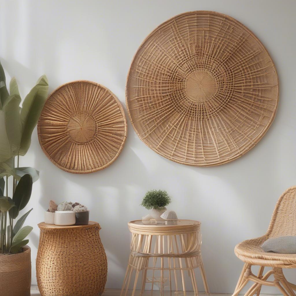 Natural rattan wall decor featuring a sunburst design radiating warmth and positivity.