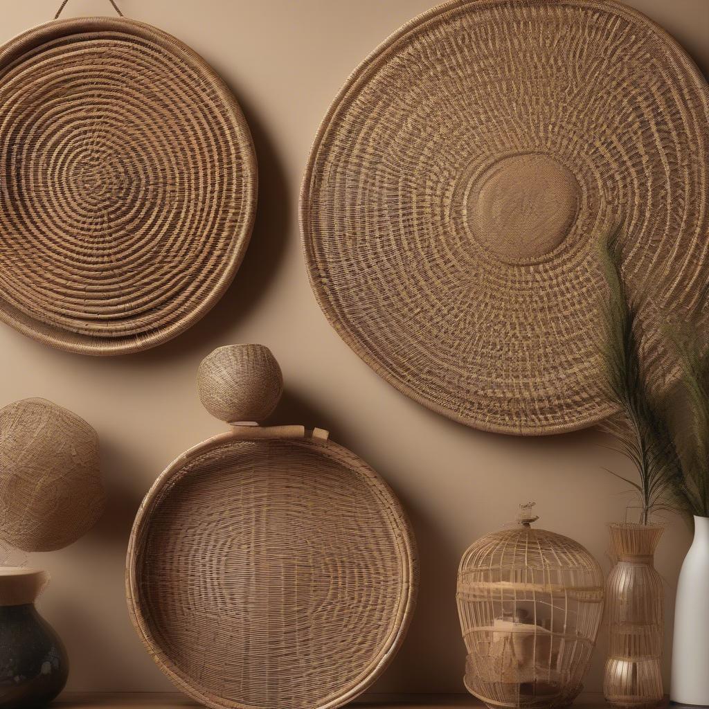 Close-up of intricately woven wicker and rattan wall hangings in a corporate office setting, adding warmth and texture.