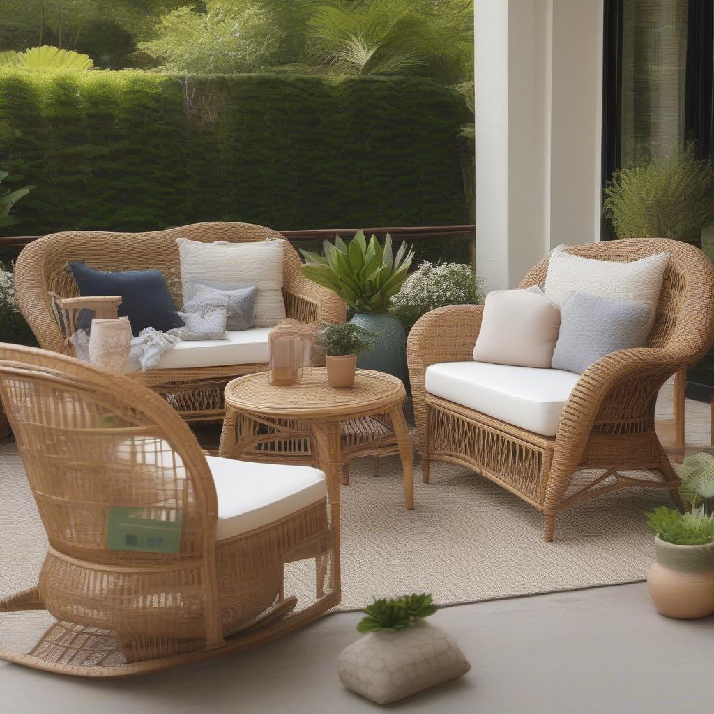 Natural wicker and rattan furniture in a serene happy place setting