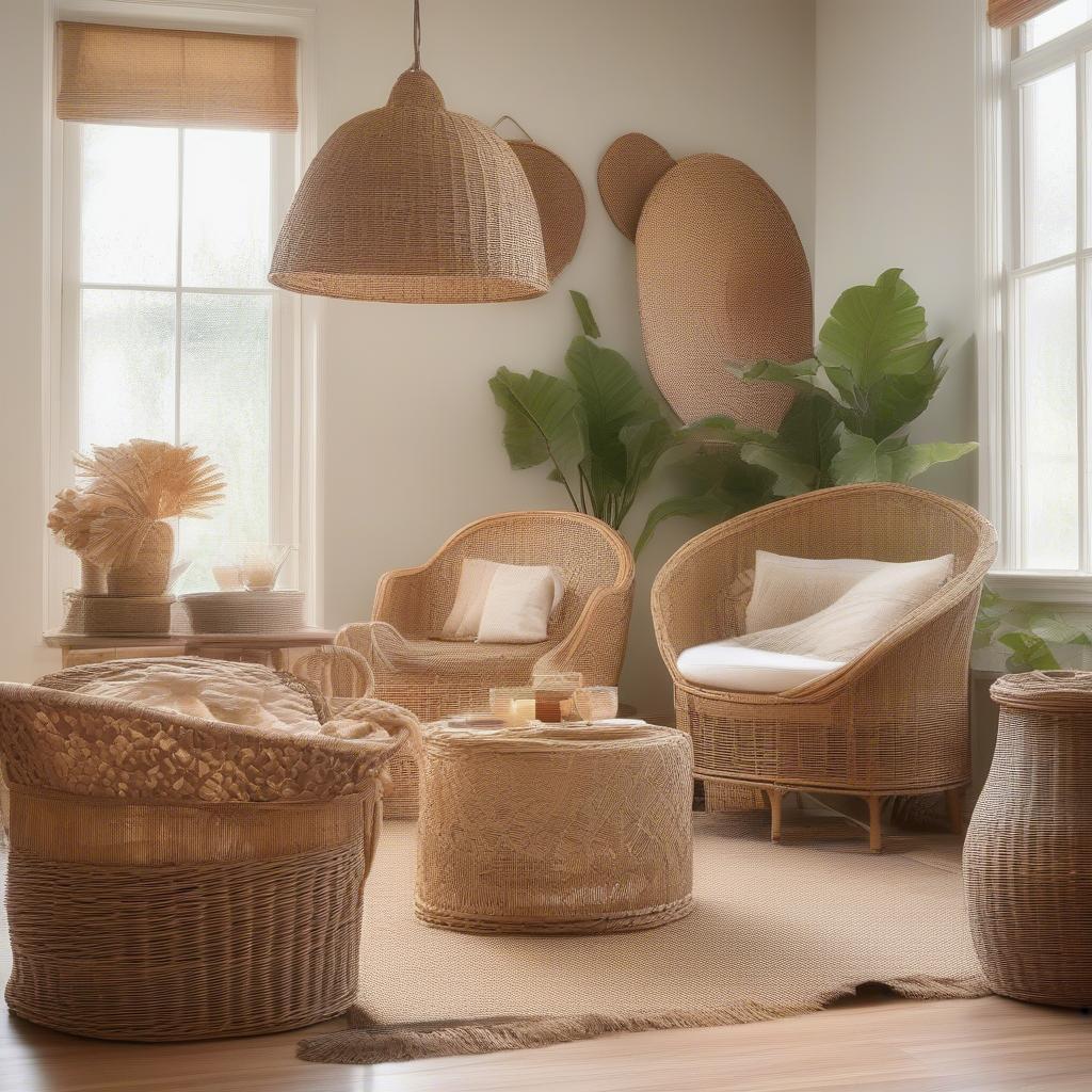 Natural wicker and rattan decor in a living room.