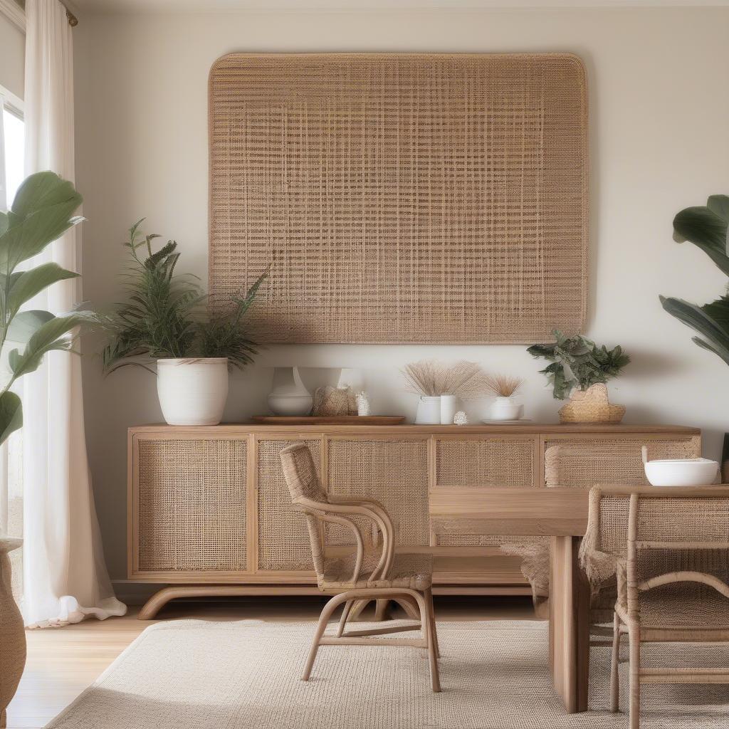 Natural wicker and rattan wall decor brings warmth and texture to a dining room.