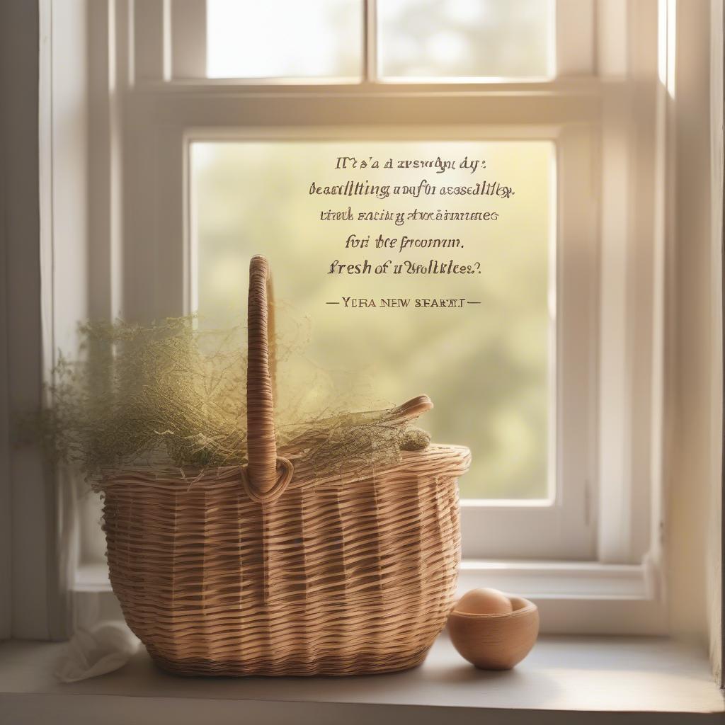 A woven basket sits on a windowsill, bathed in the morning sunlight. A quote about new beginnings is displayed nearby.