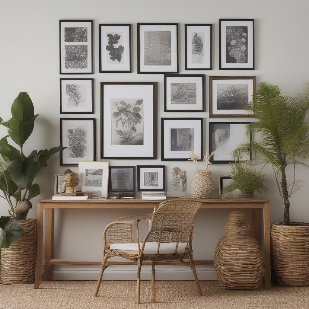 A gallery wall featuring a mix of framed prints, photographs, and wicker and rattan wall decor. The eclectic mix creates a dynamic and visually interesting display.