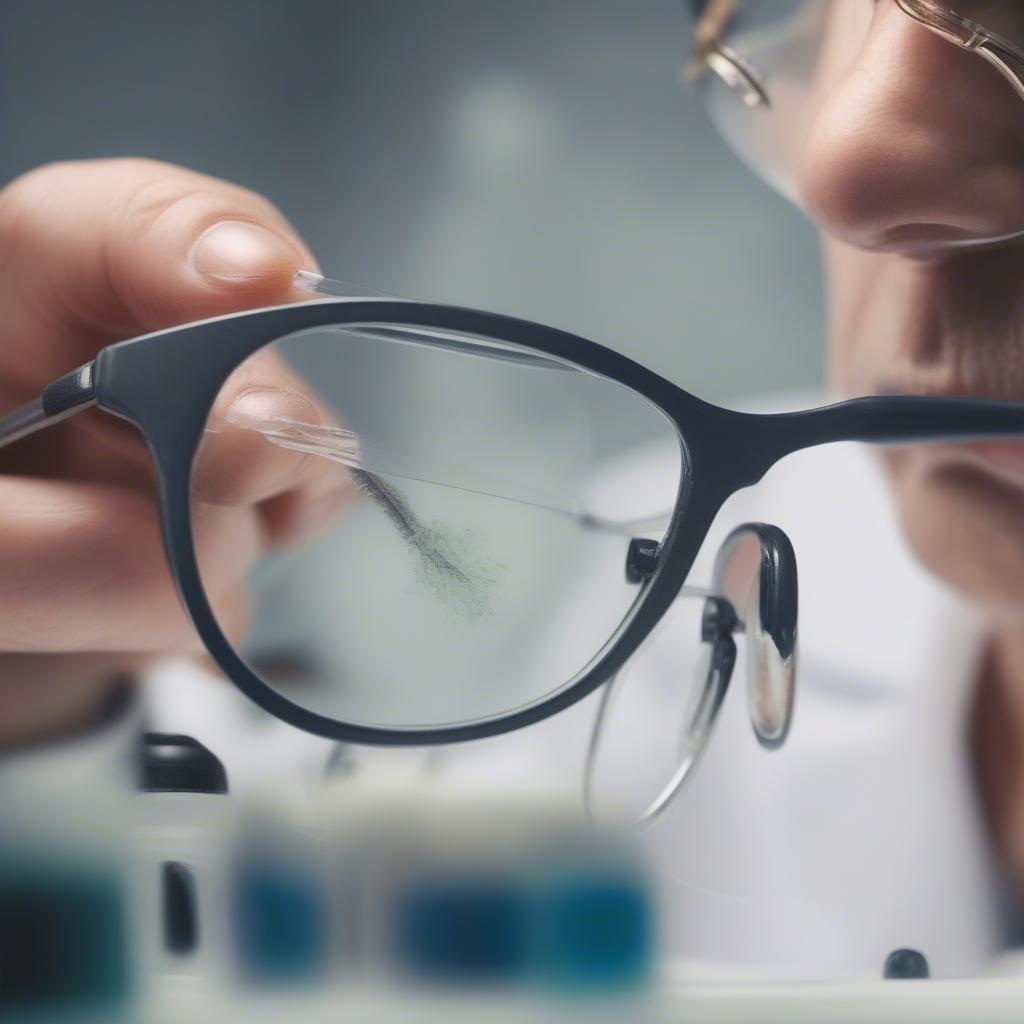 Optician cleaning glasses professionally