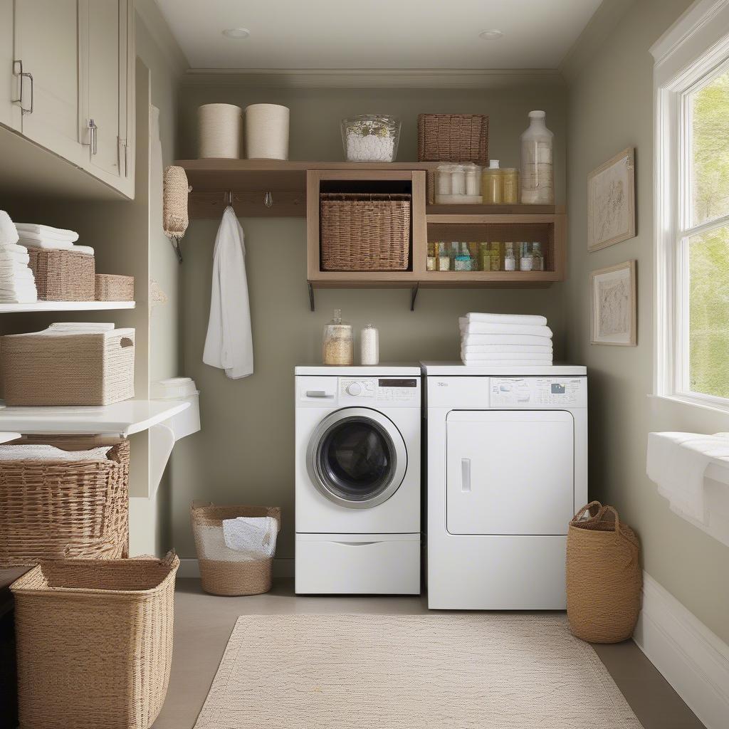 A well-organized laundry room featuring wall shelves, wicker baskets, and a folding table.