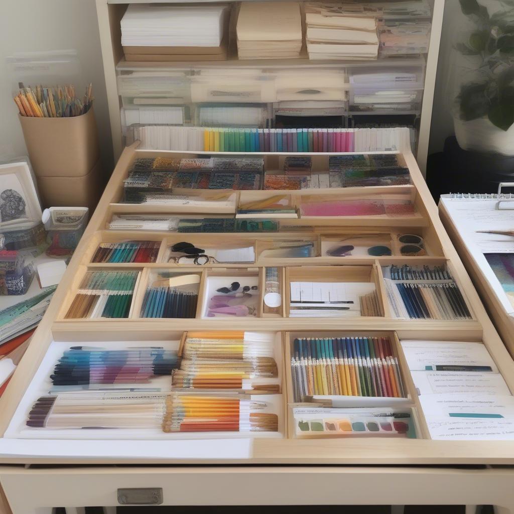 An Organized Paper Studio Setup with Various Refill Pages