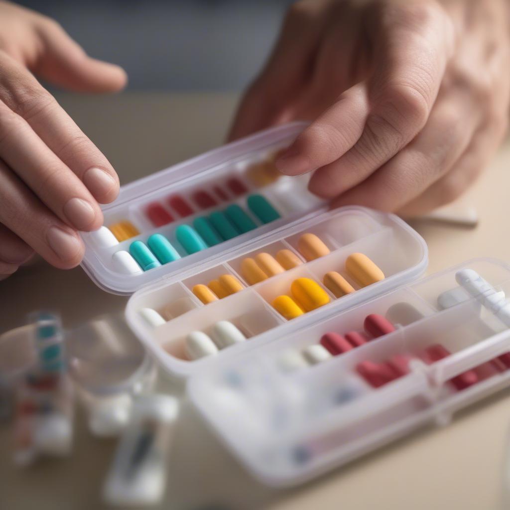 Close-up of hands carefully organizing pills into a weekly pill box. The image emphasizes the meticulous process of medication management.