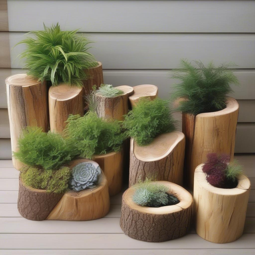 An arrangement of outdoor log planters of different sizes and styles