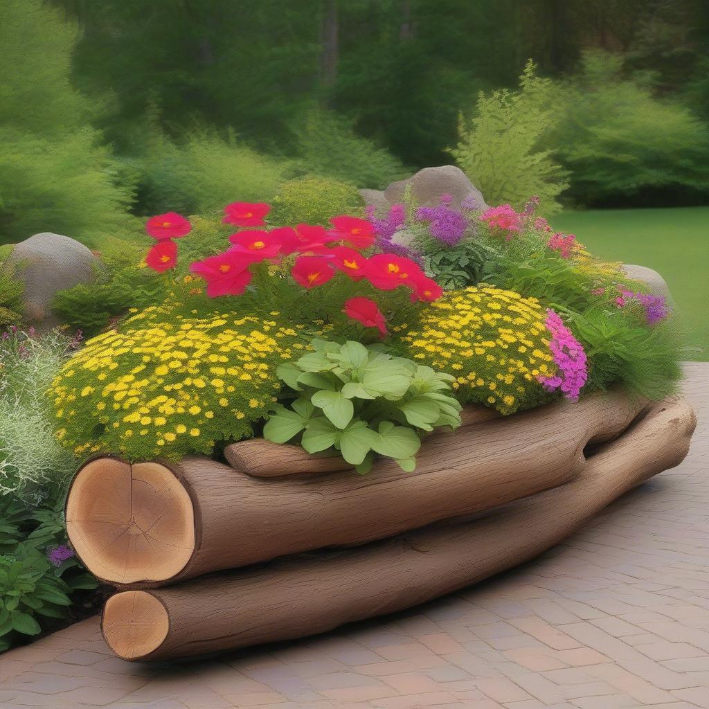 A rustic outdoor log planter filled with colorful flowers in a garden setting