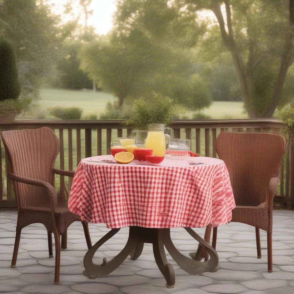 Outdoor Patio Table with Red Checkered Tablecloth