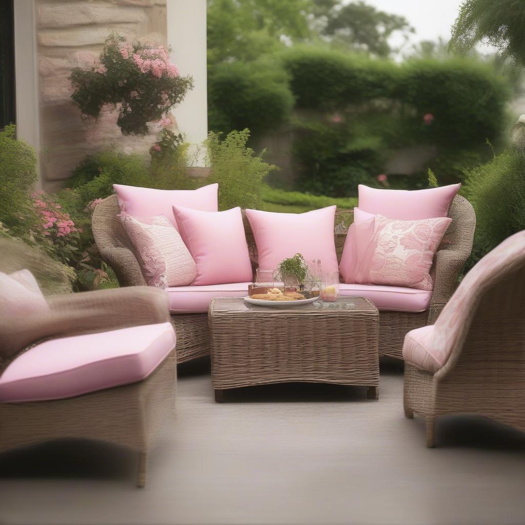 Outdoor furniture set with pink lumbar pillows