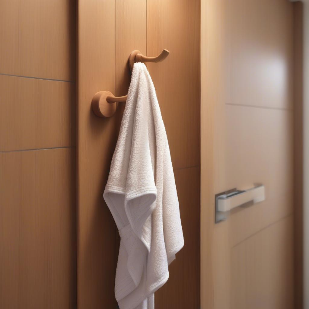 Water-resistant over-the-door wooden hooks in a bathroom setting