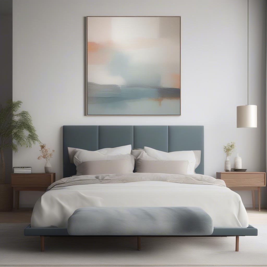 An oversized canvas print hung above a bed in a minimalist bedroom.