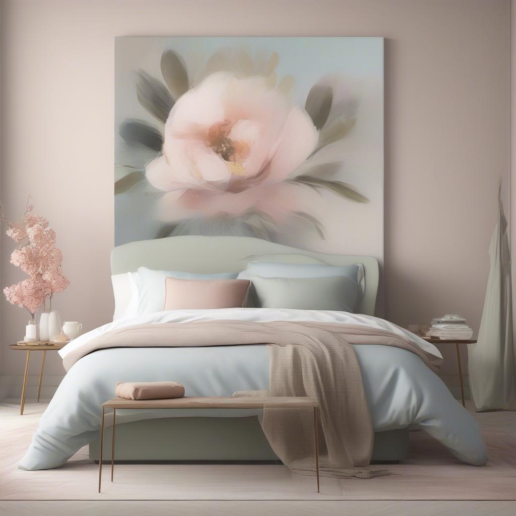 Oversized floral canvas wall art in a bedroom