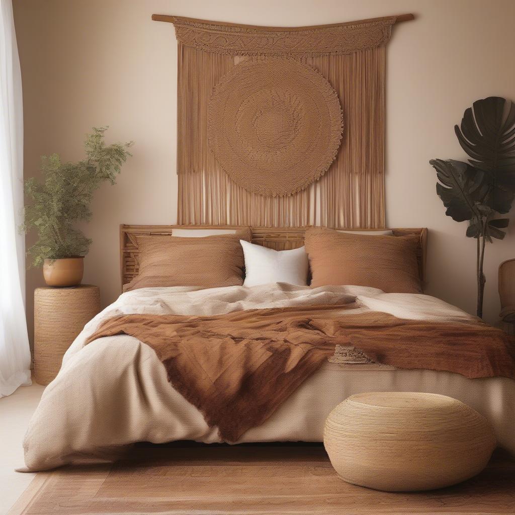 An oversized rattan wall frame adds a bohemian touch to a bedroom.