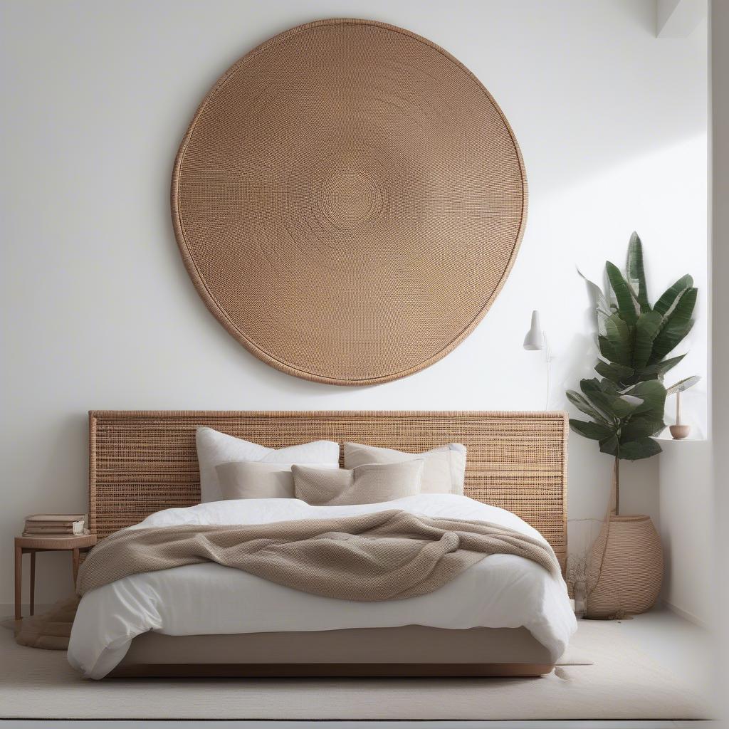 An oversized rattan wall hanging creates a calming focal point in a minimalist bedroom.