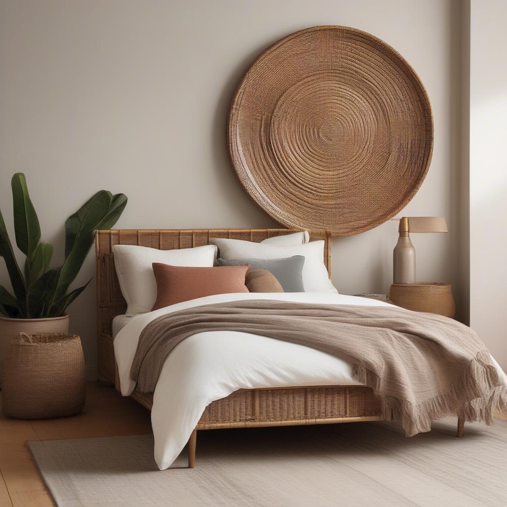 Oversized Rattan Wall Plate Above a Bed