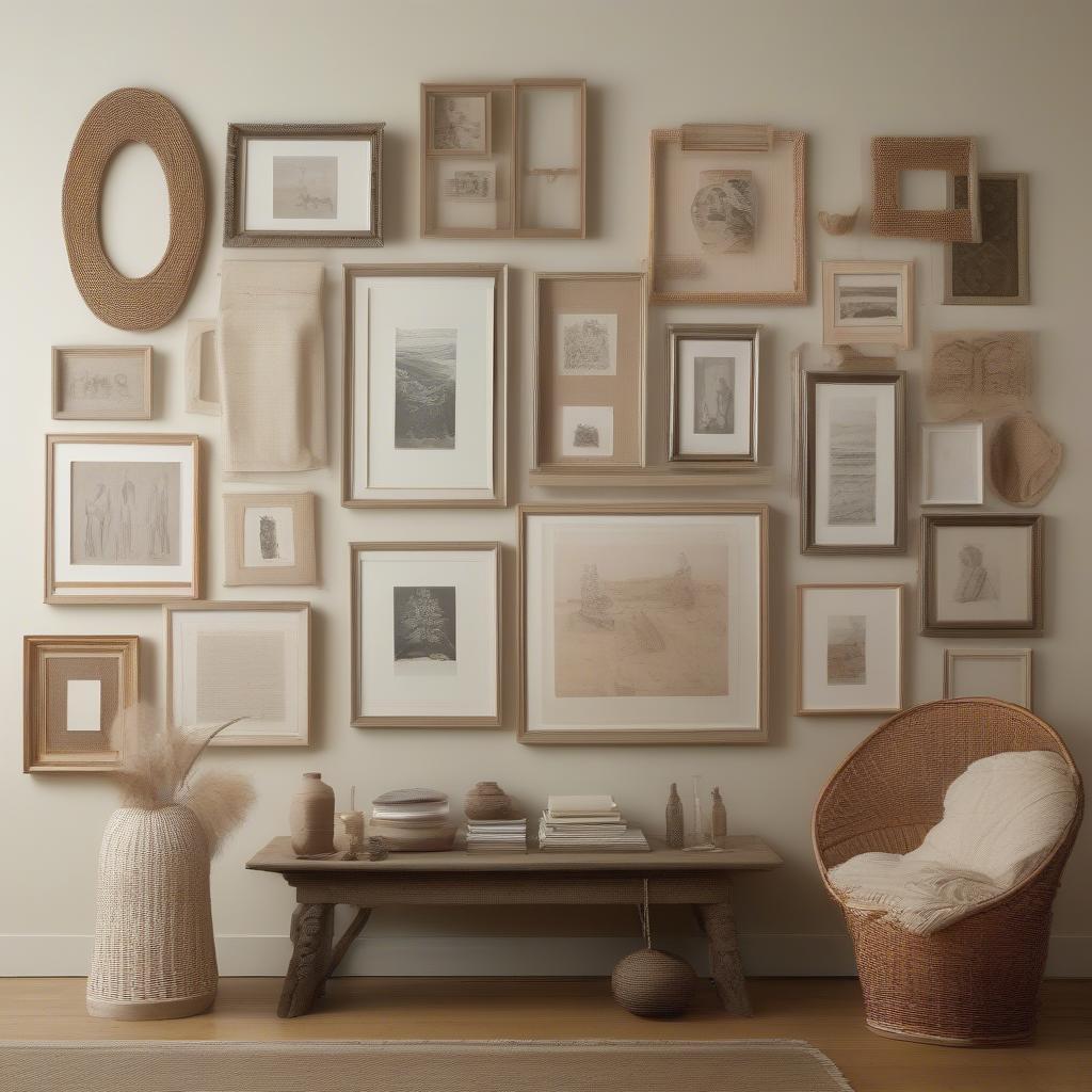 A gallery wall featuring oversized wall frames in various sizes and materials, creating a dynamic and eclectic display.