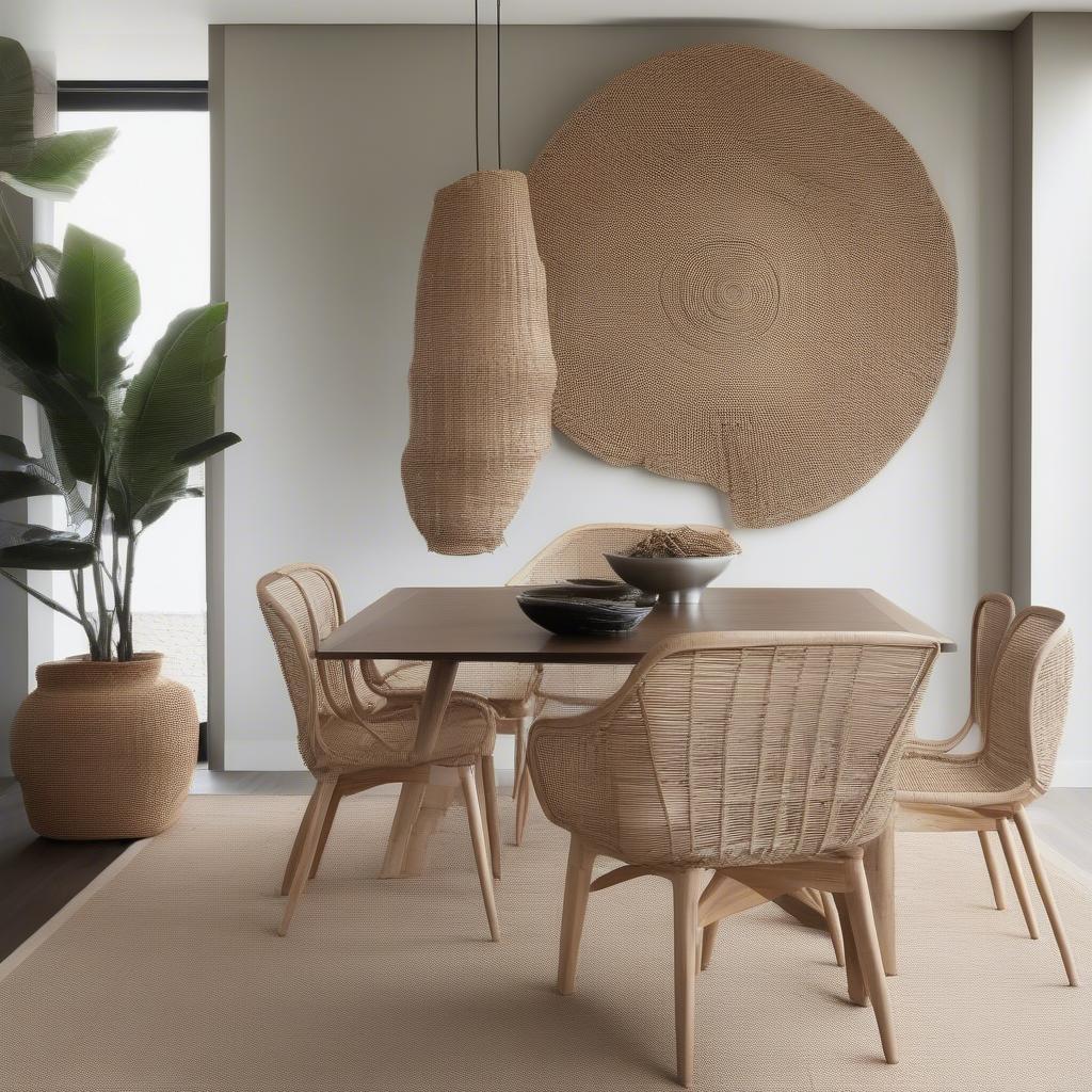 Oversized woven wall art in a dining room