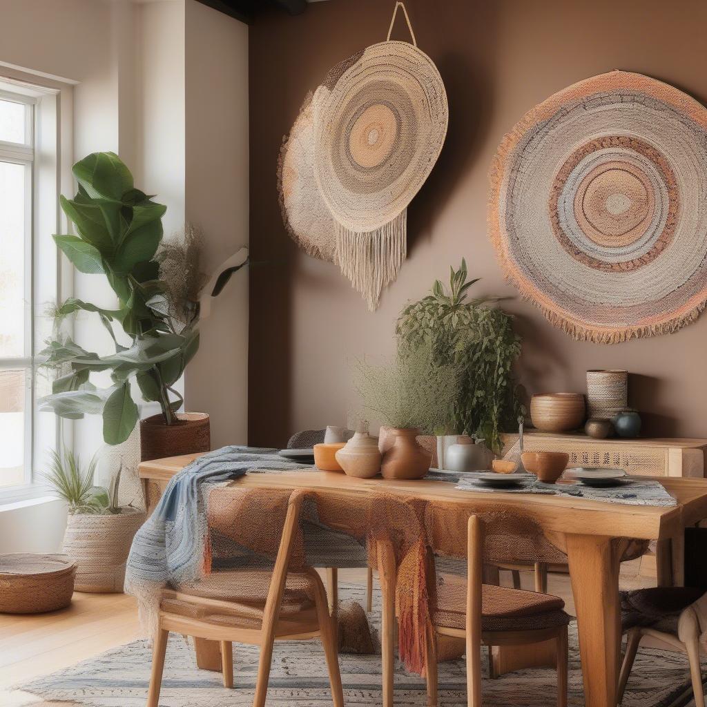 Oversized woven wall hanging in a bohemian dining room.