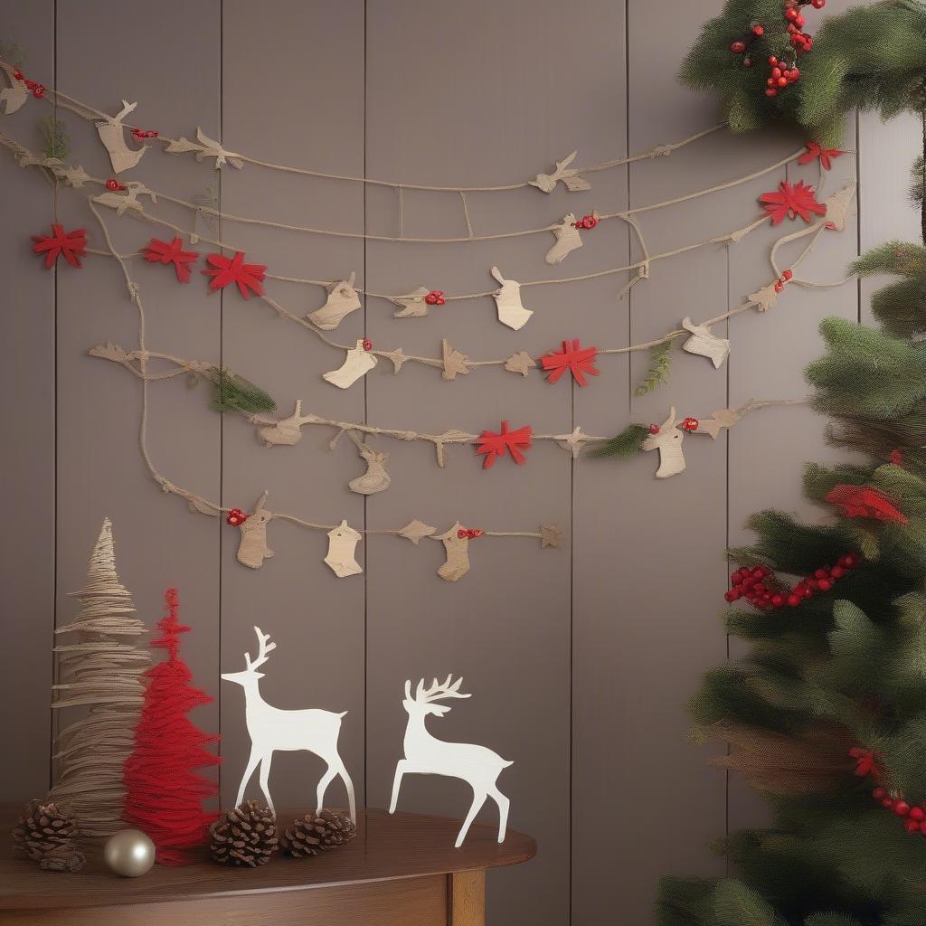 A garland made from painted reindeer wood cutouts.