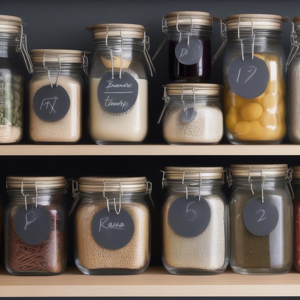 Organized pantry with chalkboard labels on glass jars