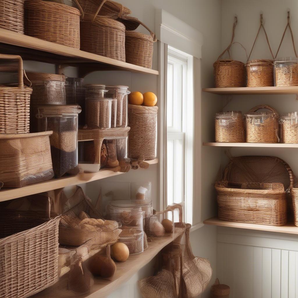 Wicker baskets hanging on a pantry wall for stylish storage