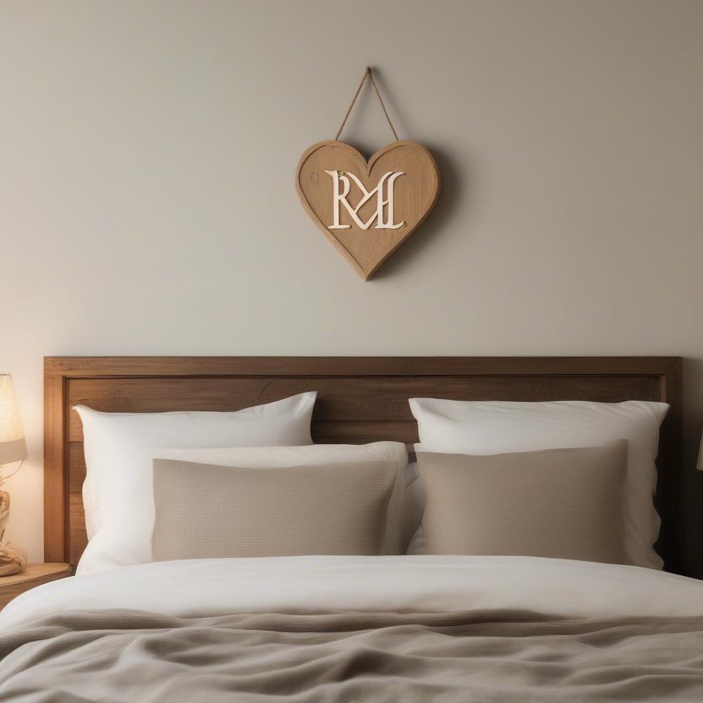 A personalized bedroom sign with the couple's initials adds a unique touch