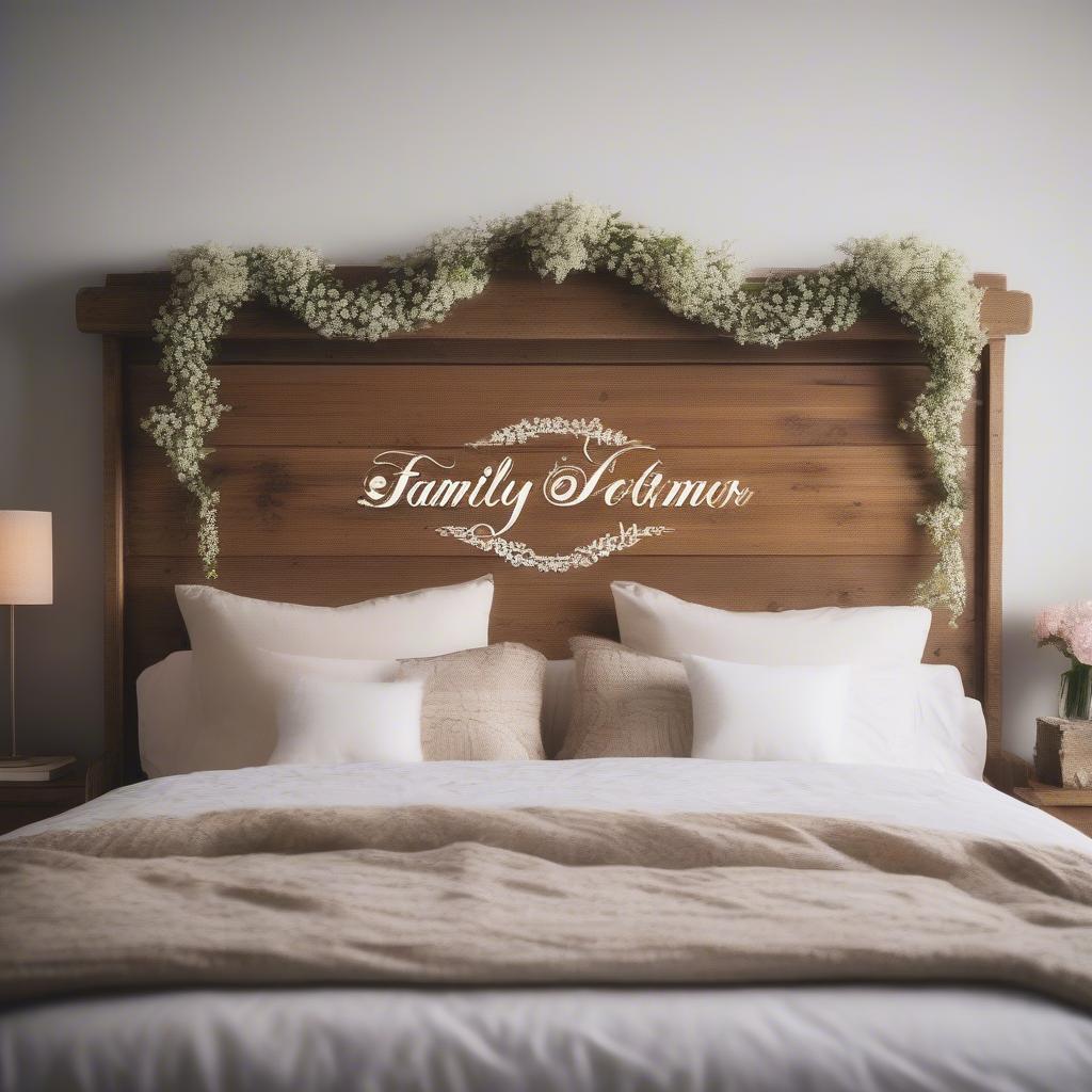 Rustic wooden personalized bedroom sign with a floral border hanging above a bed