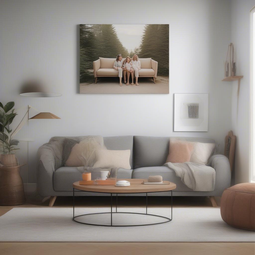 Personalized canvas print hanging above a sofa in a modern living room