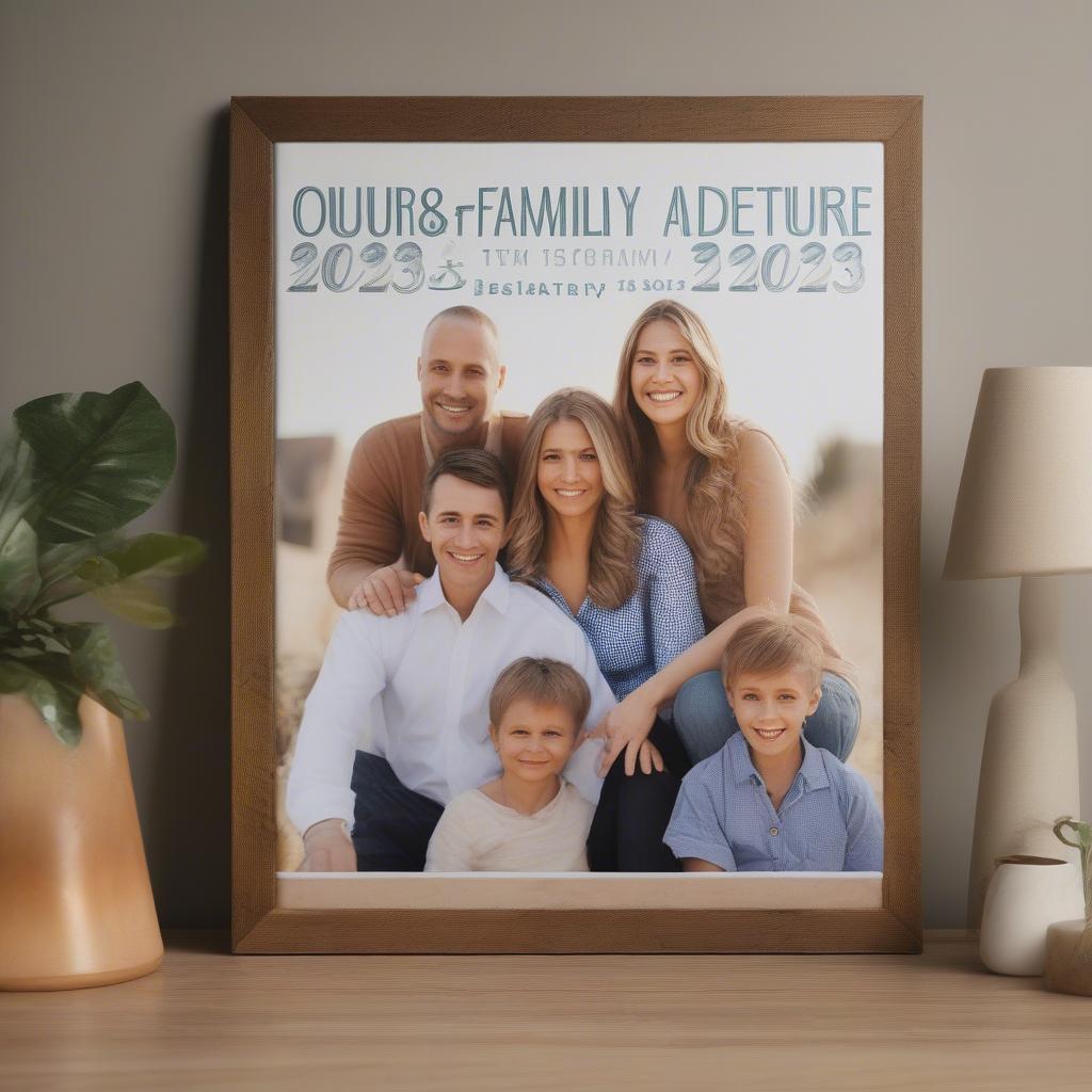 A canvas photo print featuring a family photo with personalized text overlaid