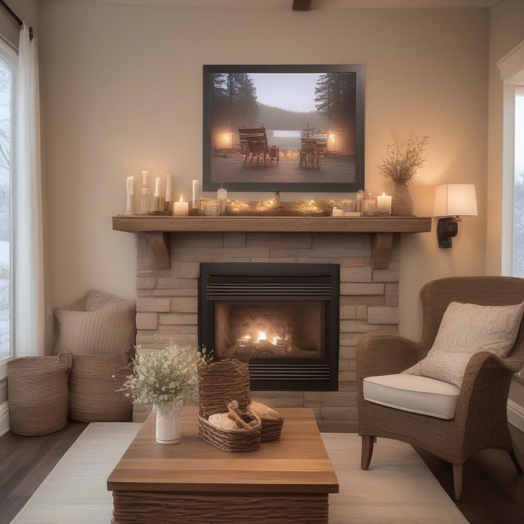 Personalized canvas print hanging above a fireplace in a living room